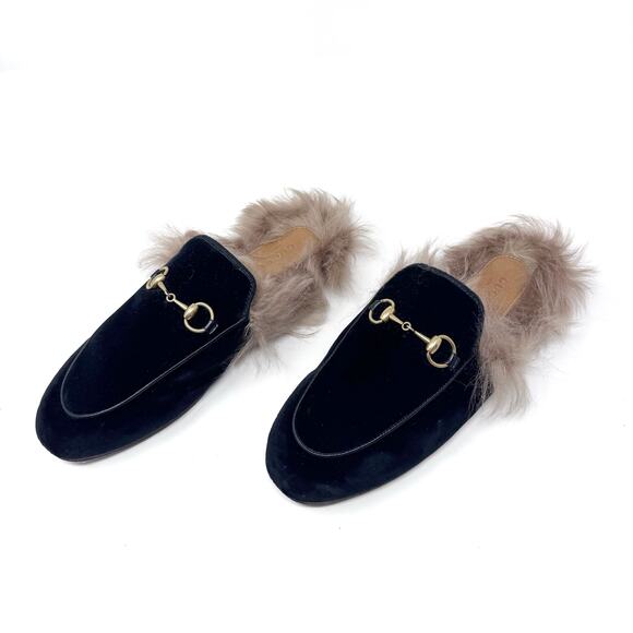 GUCCI Black Velevt Fur Lined Princetown Loafers Mules Horsebit Size EU 37 US 7 - Picture 5 of 11